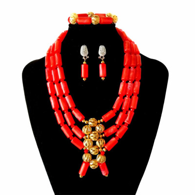 

3 Rows Imitation red Coral Beads African Wedding Beads Necklace for Womens Nigerian Wedding Beads Bridal Costume Jewelry Set