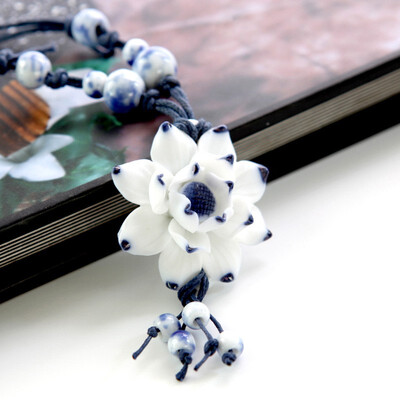 

Life love Vintage Lotus Flower Pendant Necklace Sweater Chain Dress accessories Ceramic Chinese Style Handicraft Souvenir