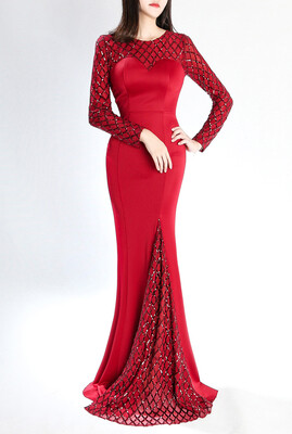 

Handmade beaded Sequins Illusion Round Neck Long sleeve Prom Dresses