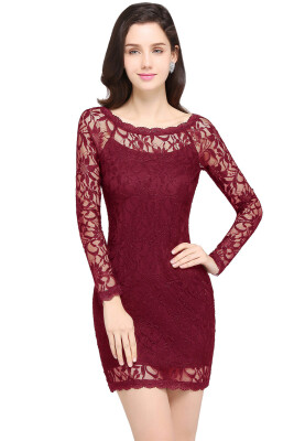 

Vestido de Festa Curto Sexy Sheer Long Sleeve Burgundy Short Bodycon Dress 2017 Cheap O Neck Black Lace Dress Vestidos Femininos