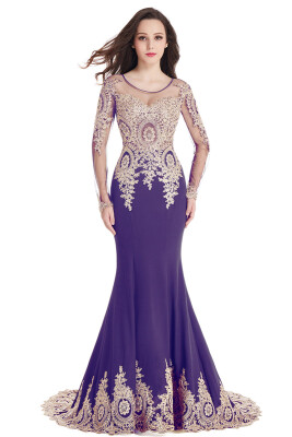 

Crystals Beaded Lace Mermaid Prom Dress ｜ Appliques Long Sleeves Evening Gown