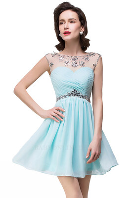 

Short Mini Homecoming Prom Party Dresses Sheer Neck Pleated Chiffon Red Graduation Dress 2018