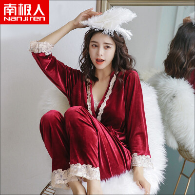 

Antarctic Nanjiren pajamas womens three-piece spring long-sleeved pajamas sexy Korean version of fresh students gold velvet autumn&winter womens pajamas Navy M