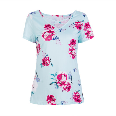 

Summer Women Blouse Floral Short Sleeve Ladies Chiffon Loose Casual T-shirt Tops