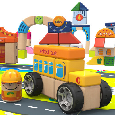 

Te Bo children (topbright) TAUNO 84 large particles city fight pieces of wood toys wooden assembly children's toys