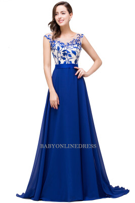 

2018 Elegant A Line Cap Sleeve Royal Blue Chiffon Long Evening Dresses Robe De Soiree Longue Party Evening Gown