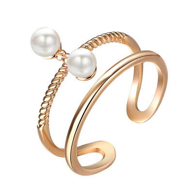 

Yoursfs Pearl Ring Double Twin Lines Open Adjustable Crystal Bands Ring for Women Gift