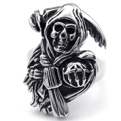 

Hpolw Stainless Steel Band Casted Grim Reaper Skull Biker Men's gothic Punk Style Ring,Black&Silver