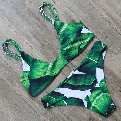 

Women Forest Green Leaves Print Padded Bikini Set Swimwear Strap Push Up Sexy Swimsuit Beach Wear Bathing Suit