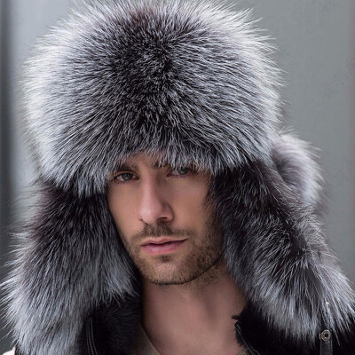 

Russian leather bomber leather hat men winter hats with earmuffs trapper earflap cap man real raccoon fur black fox hatska