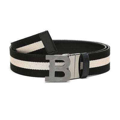 

BALLY Bally Mens Black Beige Striped Fabric with Leather Button Buckle Double Side B BUCKLE 40 M TT 9 105cm