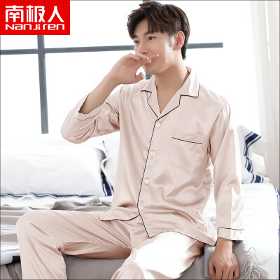 

Antarctic Nanjiren pajamas mens long-sleeved spinning spring&summer large size middle-aged mens pajamas ice silk thin section youth home service suit male silver gray L