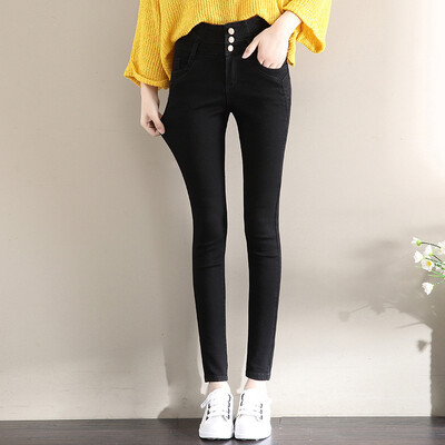 

Yu Zhaolin 2018 autumn new womens high waist buckle elastic pencil pants Slim wild feet denim trousers YWKN187443 black 28