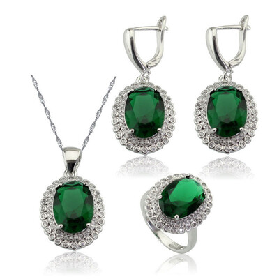 

EIOLZJ Fashion Beautiful Oval Deep Green Cubic zirconia Silver Plated Jewelry Sets for Women Free Jewelry Box