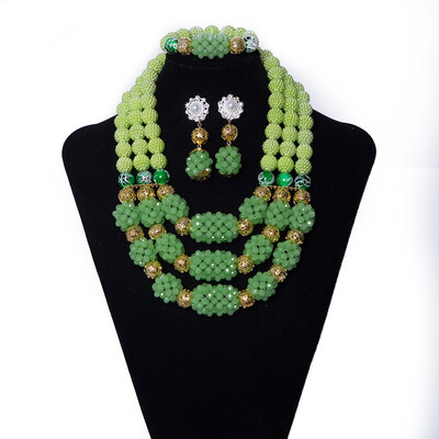 

3 Rows Green Women Crystal Jewelry African Statement Necklace And Earrings Bracelet Nigerian Wedding Jewellery Set Bridal Jewelry