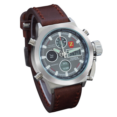 

Zeiger Mens Automatic Mecanic Wrist Watch Digital Ananlog LED ALARM DATE Brown Leather