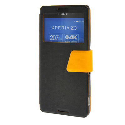 

MOONCASE Xperia Z4 , Slim Window Design Leather Side Flip Bracket ЧЕХОЛ ДЛЯ Sony Xperia Z4 Black Yellow