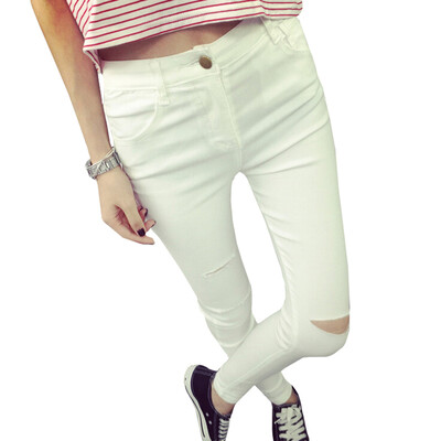 

Lovaru ™Autumn new Korean Women high waist pants feet Slim was thin hole stretch cotton pencil pants female
