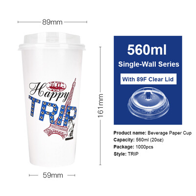 

OTOR 465ml560ml Paper Cup Disposable Tableware For Summer Icy Beverages Cold&Hot Tea Milk Coffee Happy Trip 1000pcs