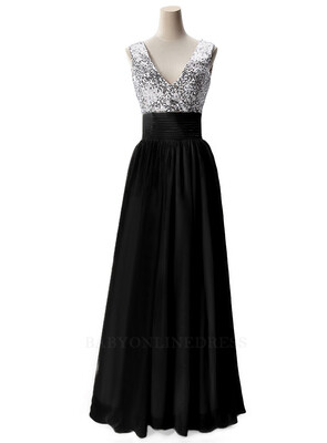 

V Neck Sequined Chiffon Long Prom Dresses Sleeveless Formal Party Evening Bridesmaid Dresses