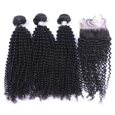 

8A Indian Kinky Curly Virgin Hair 3 Bundles With Lace Closure 4 PcsLot Indian Afro Curly Remy Human Hair Weaves And Top Closures