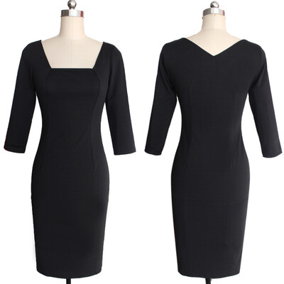 

2016 New Sale Womens Elegant Tartan Square Neck Tunic Wear To Work Business Casual Party Stretch Pencil Sheath Dress