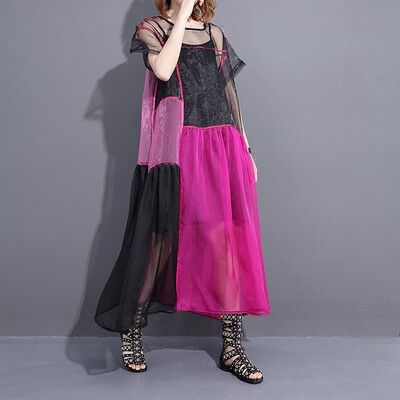 

Summer 2018 New Long Loose Hit Color Strap Dress Loose Mesh Dress Short-sleeved Two Piece Dress for Women