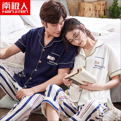 

Antarctic cotton pajamas mens couple pajamas short-sleeved trousers can be worn outside pajamas female summer Korean version of the striped home service suit male Tibetan blue stripes XL