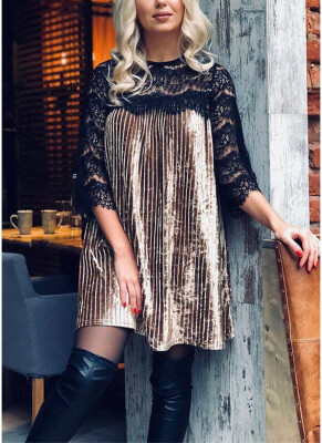 

Sexy Women Lace Crushed Velvet Mini Dress Lace Splicing Half Sleeve Evening Party Cocktail Shift Dress Homecoming Dress