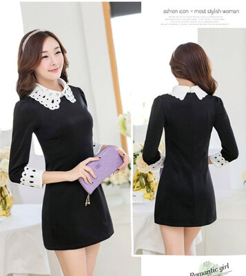 

Womens Winter Autumn Dress Hollow Casual Dresses Long Sleeve Doll Collar Chiffon mini dress