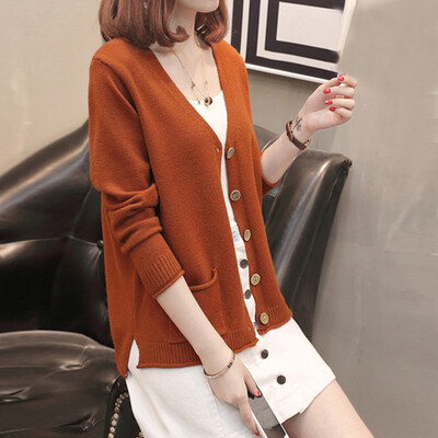 

JOY OF JOY 2018 autumn new solid color Korean V-neck single-breasted knit cardigan fashion loose temperament shirt female JWYC187239 yellow