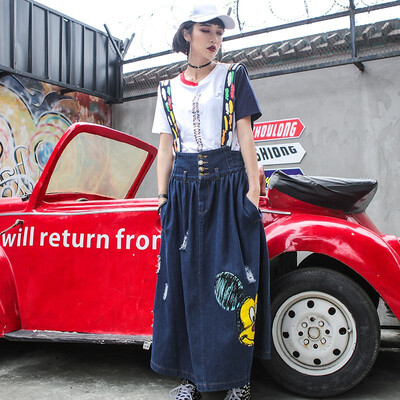 

2018 New Fashion Loose Spring Women Harajuku Style Denim Strap Dress Simple T-shirts Two Piece Women Sets