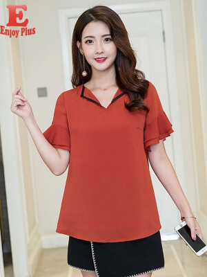 

XL XXL 3XL 4XL 5XL plus size office chiffon new summer 2018 women blouse shirt ruffles short sleeve big size red loose V neck