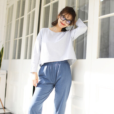

Haizhining 17W49 Pajamas ladies sexy colorful nine-point sleeves long-sleeved trousers cotton home service suit home clothes two-piece pink blue 170