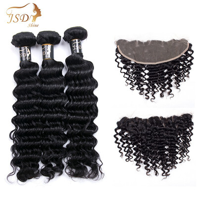 

JSDshine Peruvian Deep Wave Lace Frontal Closure With Bundles 3Pcs Free Shipping Peruvian Virgin Human Hair 3 Bundles With Closure