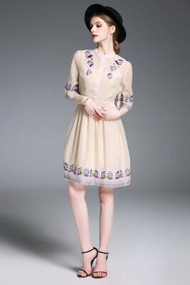 

S M L XL XXL elegant new summer 2018 women dress half sleeve beige navy vintage flower embroidery A line two piece set office lady