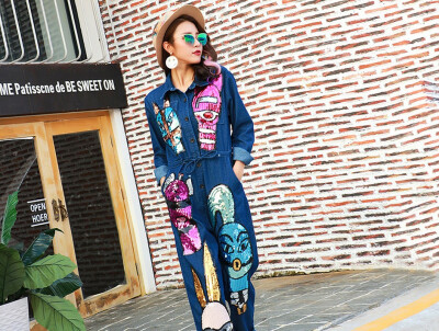 

Spring 2018 New Fashion Tide Long Sleeve&Long Bodysuits Cartoon Sequin Long Sleeve Denim Jumpsuits Bodysuits