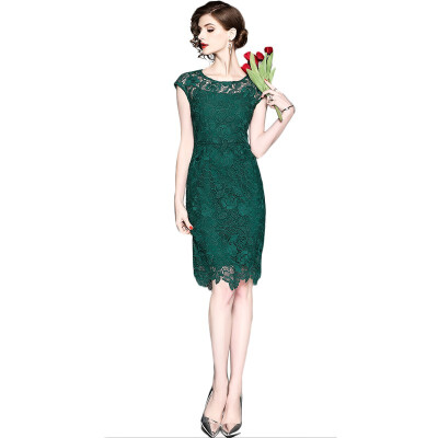 

2018 New Spring Green Office Lady Trumpet Lace Sleeveless Knee-Length O-Neck Dress Green Lace Dress