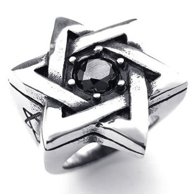 

Hpolw Mens Pentagramstar Black&Silver 316L Stainless Steel Vintage Star of David black crystal wedding Ring