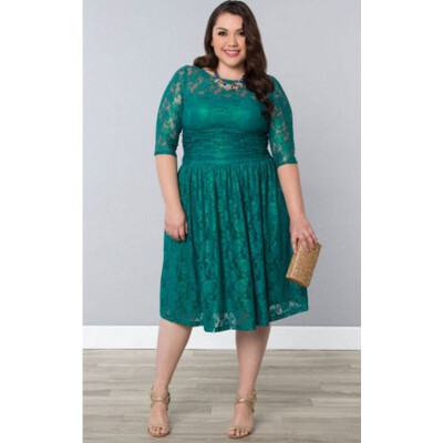 

Large Size Women' Round Neck Sleeve Dress Lace Dress Skirt Dress Fat People