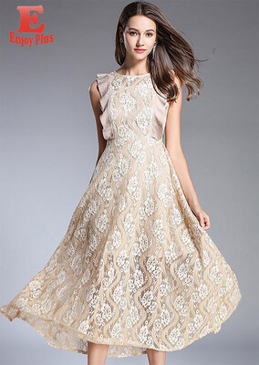 

S M L XL XXL elegant new summer 2018 long flower lace dress women sleeveless beige high waist slim A line mid calf vintage lady