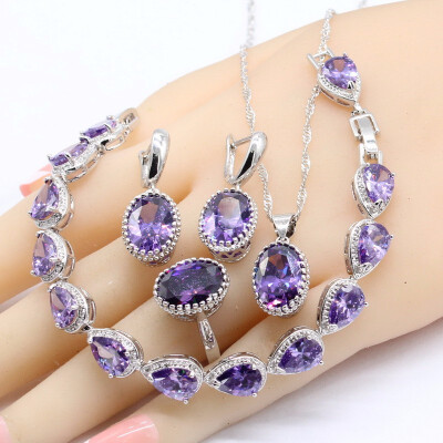 

2018 New Purple Amethyst 925 Silver Jewelry Sets Bracelets Earrings Necklace Pendant Rings For Women