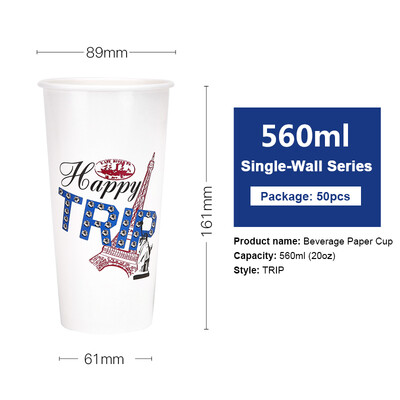 

OTOR 465ml560ml Paper Cup Disposable Tableware For Summer Icy Beverages Cold&Hot Tea Milk Coffee Happy Trip 50pcs