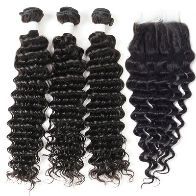 

8A Mongolian Virgin Hair Deep Wave With Closure 3 Bundles Mongolian Curly Human Hair Weave And Lace Closure 4Pcs Lot Natural Black