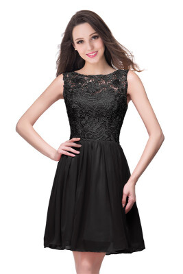 

A-Line Short Sleeveless Bateau Chiffon Ruffles Lace Top Prom Dresses