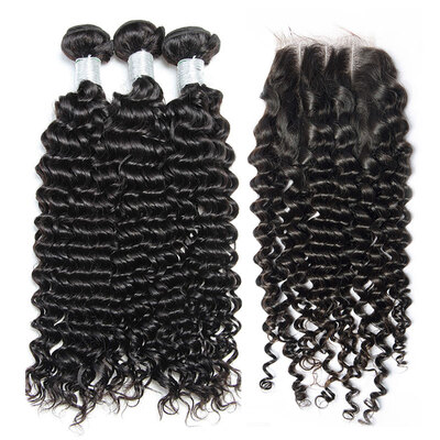 

8A Brazilian Curly Virgin Hair With Closure 4 Pcs Lot Brazilian Remy Human Hair Weave 3 Bundles And Lace Closures Natural Black 1B