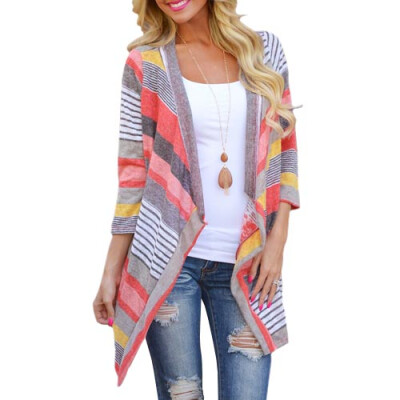 

CT&HF Women Casual Loose Cardigan Stripe Splicing 34 Sleeves Coat