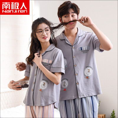 

Antarctic cotton pajamas mens couple pajamas short-sleeved trousers pajamas womens summer Korean version of the striped outside wear home service suit male gray stripes