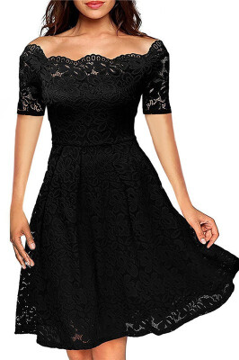 

New Arrial Boat Neck Cocktail Swing Dress Black Long Sleeve Floral Lace Knee Length Formal Party Dresses