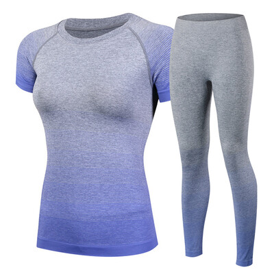 

New Gradiet Color Compression T Shirt Running sets Training Clothes Short